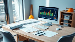 Księgowość dla firmy budowlanej z profesjonalnym księgowym przy nowoczesnym biurku.