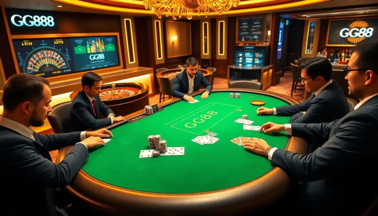 Players enjoying a GG88 card game at a luxurious casino table, highlighting excitement and professionalism.