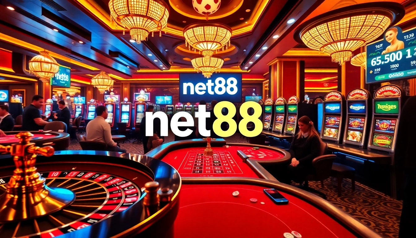 Exciting casino scene featuring the net88 logo, showcasing vibrant gambling activities.