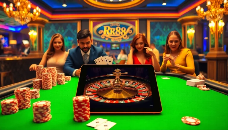 Experience the thrill at Nhà cái RR88 with a vibrant casino scene showcasing an engaging poker game.