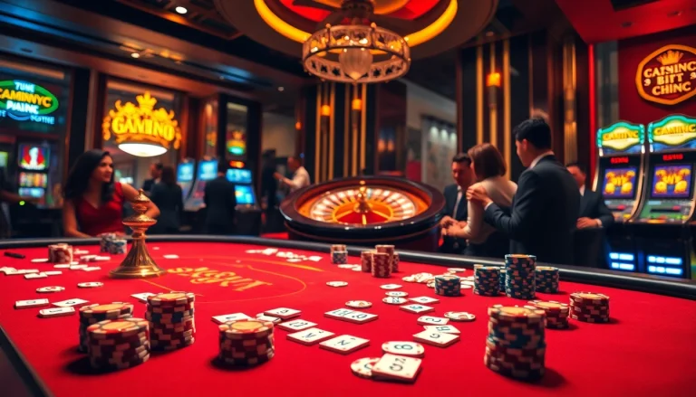 Players enjoying a thrilling game at 9WIN casino with vibrant poker chips and cards.