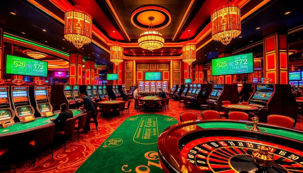 MM88 casino scene with players enjoying poker and slot machines in an elegant environment.