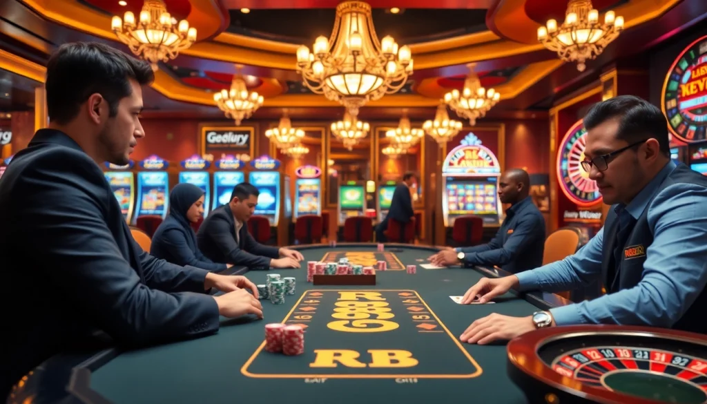 Players enjoying a thrilling game at RR88 casino table with vibrant atmosphere and luxurious design.