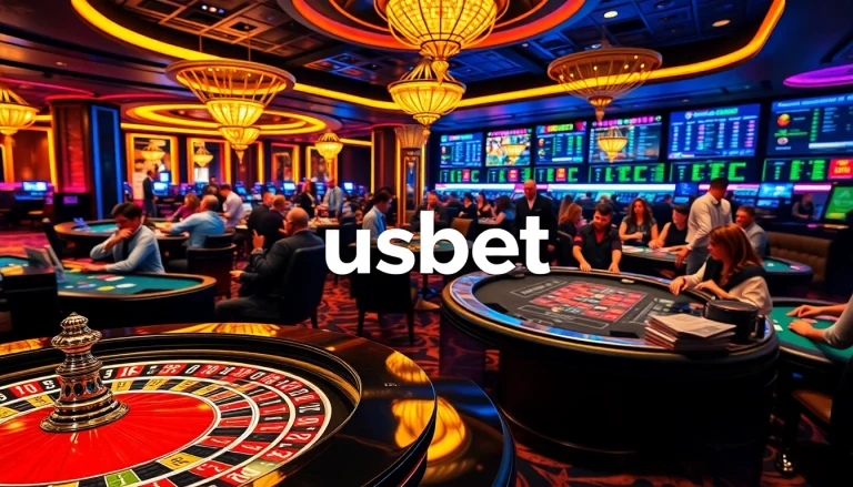 Experience high-stakes betting at Elegant USBET casino with vibrant tables and engaging players.
