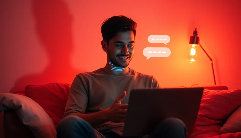 Engaging ai sex chat experience in a warm digital environment with chat bubbles and cozy lighting.