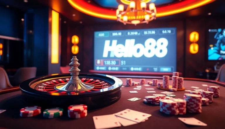 Hello88 online casino with a spinning roulette wheel and vibrant poker chips.