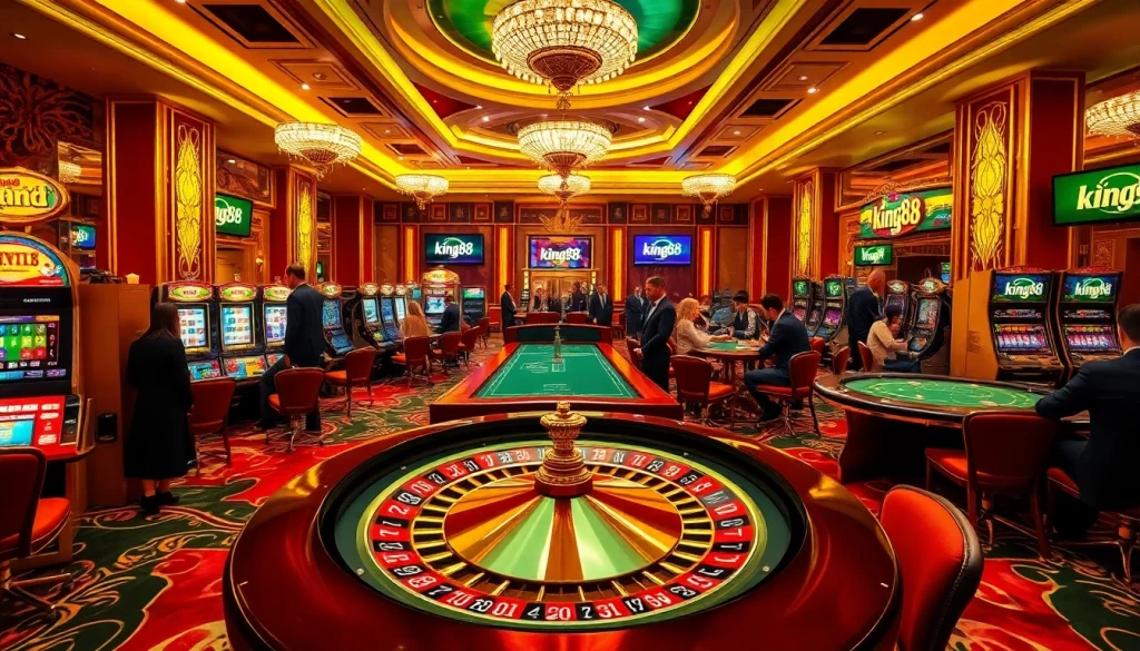 Players engaging at the luxurious king88 casino with roulette and slot machines.