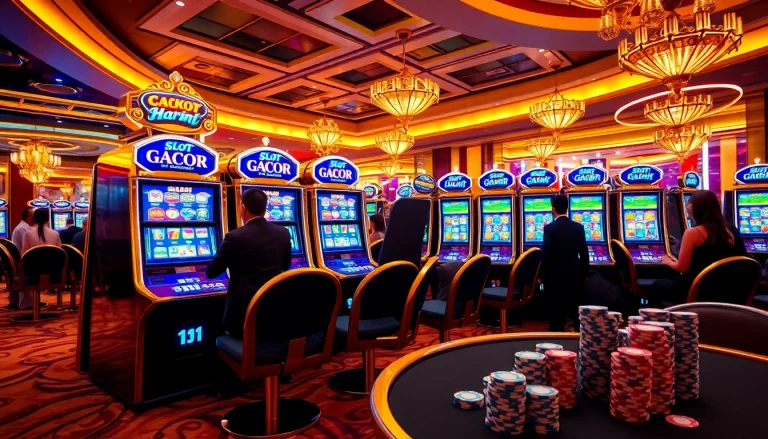 Players enjoying the thrill of Slot Gacor Hari ini at a vibrant casino with high stakes and excitement.