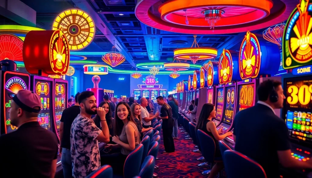 Excited players spinning Slot Online machines in a vibrant casino atmosphere.