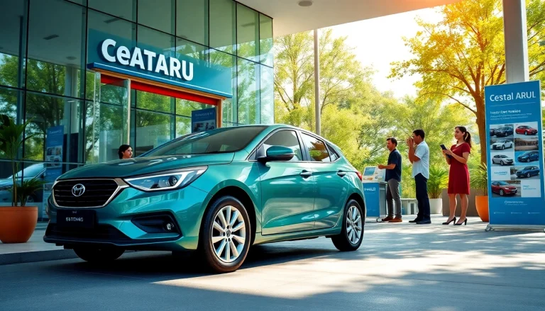 Kuching rent car agency showcasing a modern vehicle and welcoming staff, ideal for travelers.