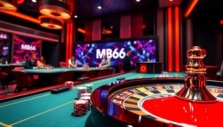 Engage in thrilling games with MB66, featuring vibrant casino elements like chips and roulette.