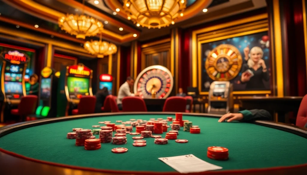 Engaging scene of poker players at rikvip casino, showcasing chips and betting slips.