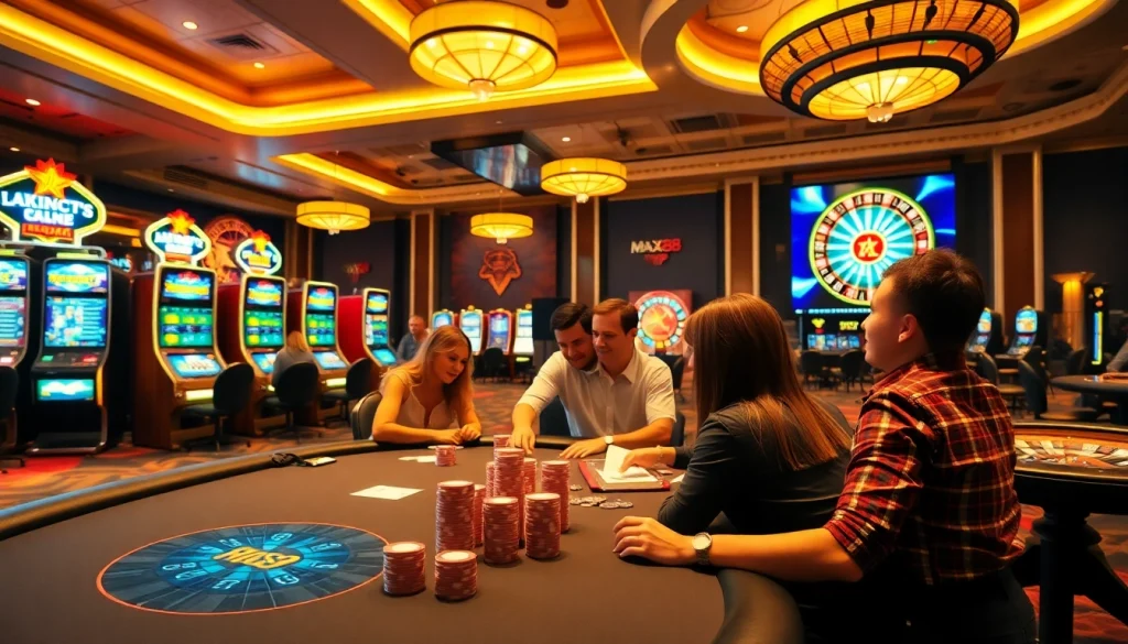 Engaged players at a max88 vip poker table in a luxurious casino setting.