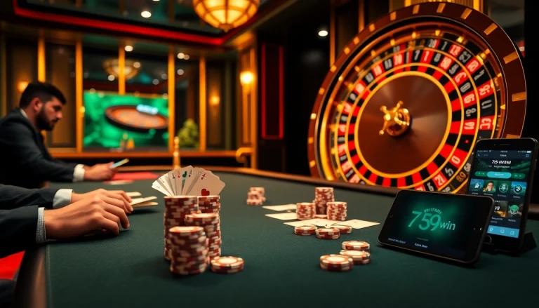Experience the thrill of the 789win app in an elegant casino setting with poker games and roulette.