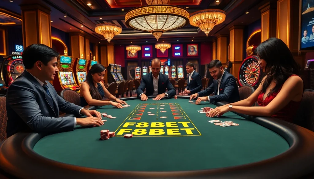 Players enjoy an exciting F8BET poker game, showcasing vibrant chips and cards.