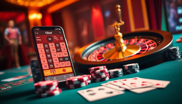 Engaging on 12bet with poker chips and cards in a vibrant casino atmosphere.