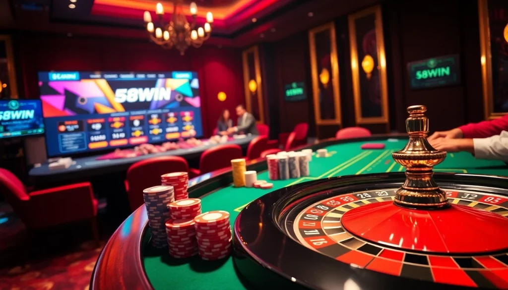 Experience the thrill of online gambling with nhà cái 58WIN at a vibrant casino table.