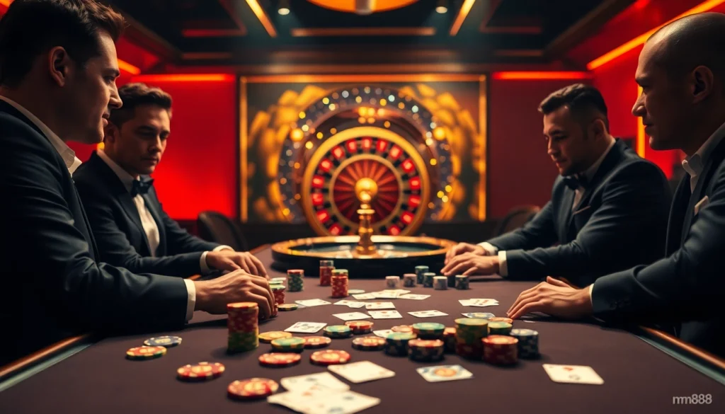 Experience the excitement at Nhà Cái mm88 with professional poker players at a vibrant casino table.