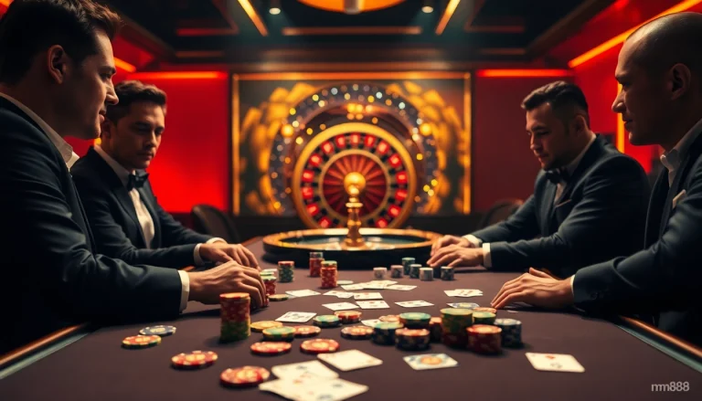 Experience the excitement at Nhà Cái mm88 with professional poker players at a vibrant casino table.
