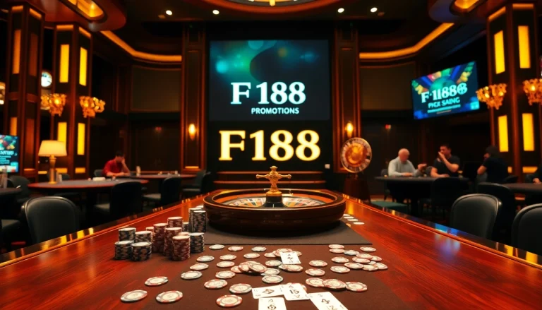 Engaging scene at F168 casino with poker chips, cards, and roulette wheel highlighting excitement.