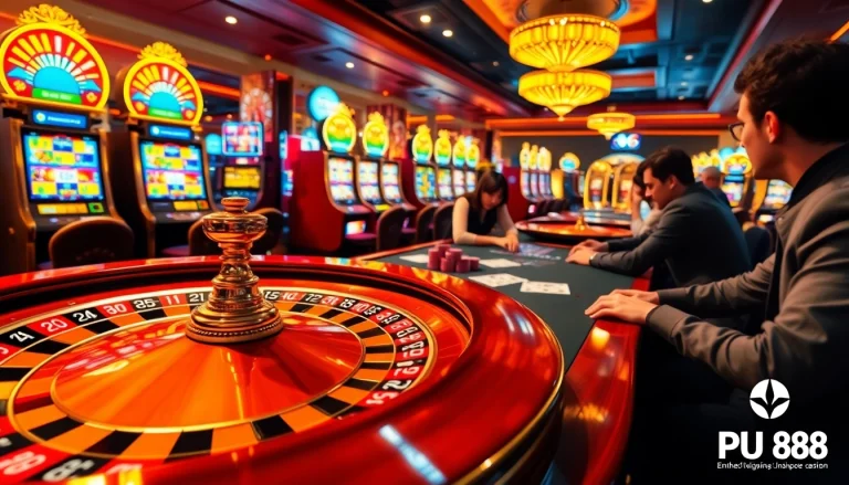 Experience thrilling casino action with PU 88 featuring roulette, poker chips, and vibrant slot machines.
