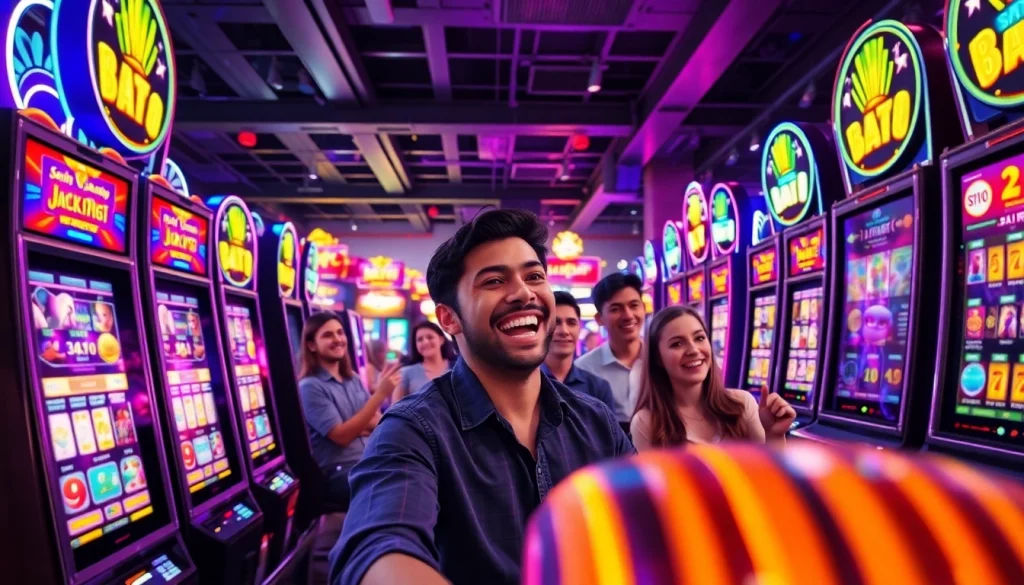Exciting scene of players enjoying slot machines at hoki138 pro, filled with vibrant colors and dynamic gaming elements.