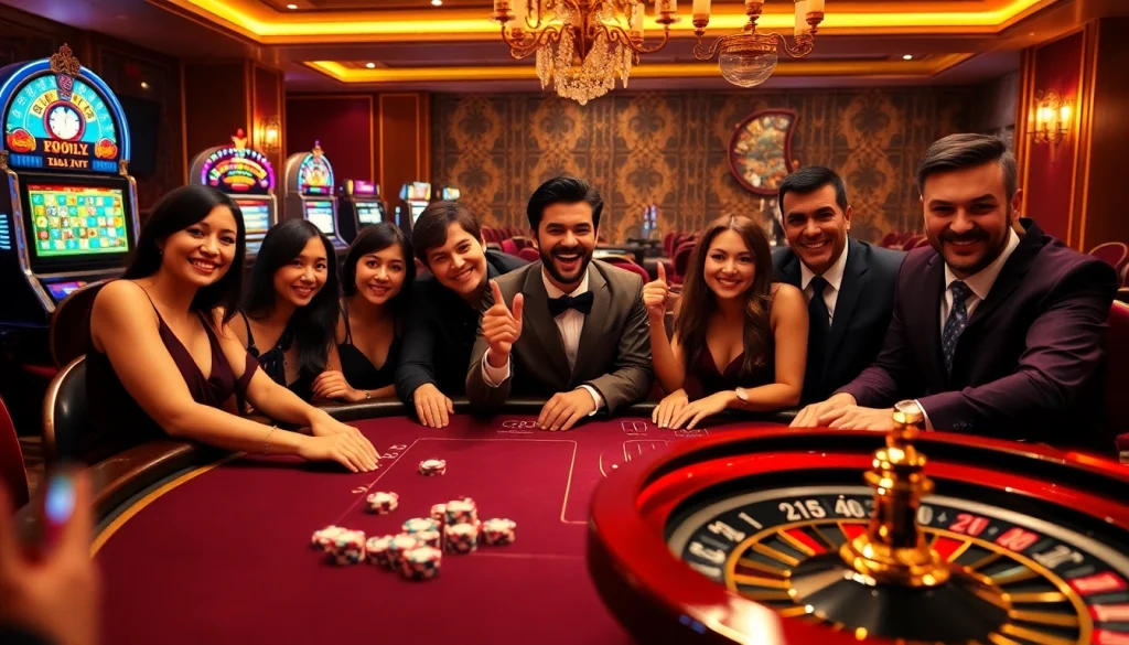 Players engage in high-stakes poker at THABET, surrounded by colorful slot machines and a roulette wheel.