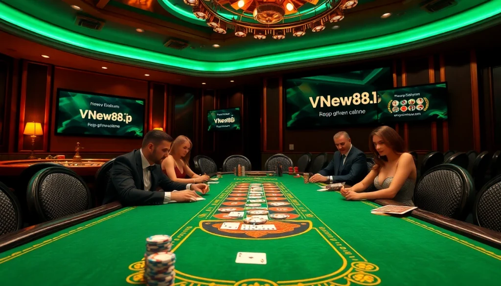 The thrilling atmosphere of a high-stakes poker game at https://vnew88.vip/, showcasing luxurious casino elements.