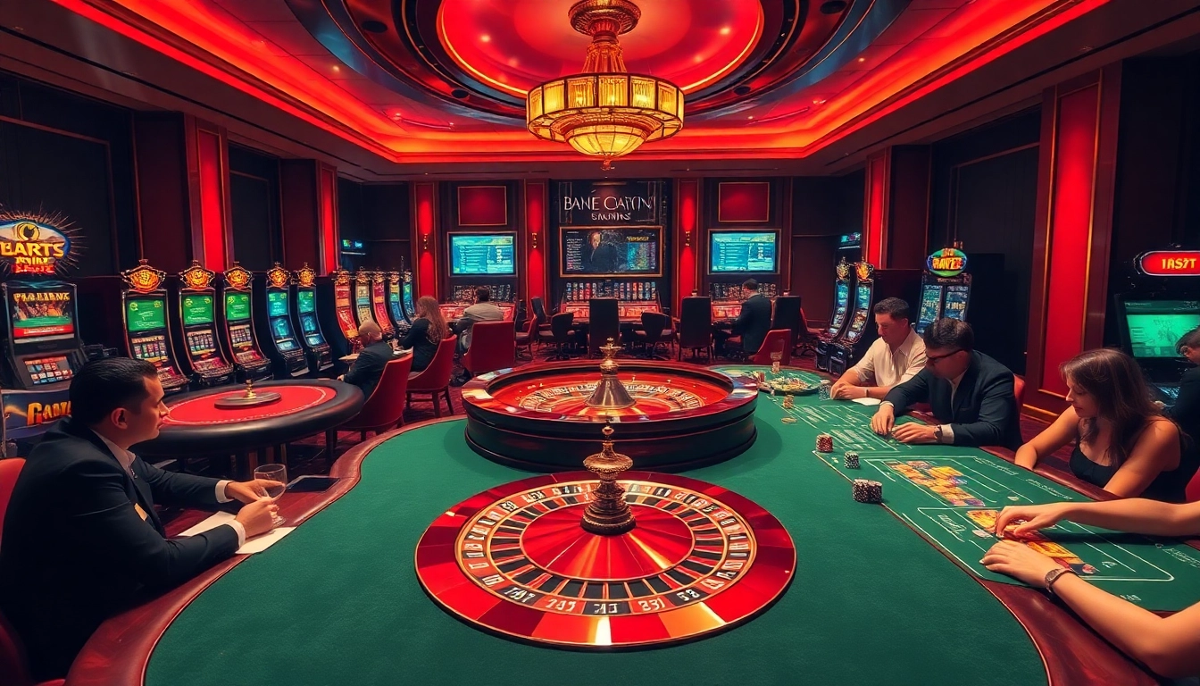 Engaged players enjoying thrilling games at https://s88.works/ with vibrant casino tables and slot machines.