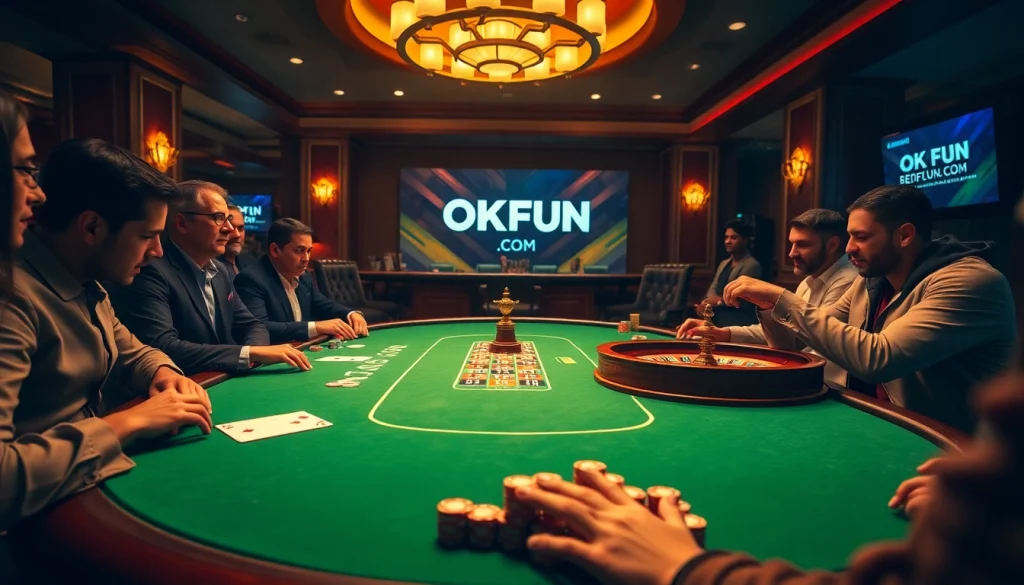 Experience thrilling poker at OKFUN COM with vibrant chips and cards in an elegant casino setting.