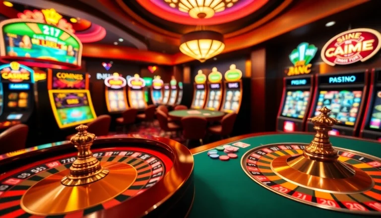 A dynamic casino scene at f168.com showcasing poker and roulette excitement, vibrant with lights and action.