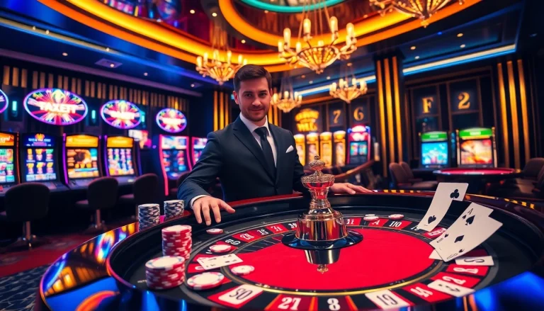 Experience the excitement at F8Bet with luxurious casino tables and vibrant slot machines.