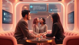 Dynamic visual of diverse AI avatars engaging in friendly conversations about sex ai in a vibrant, futuristic setting.