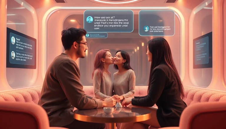 Dynamic visual of diverse AI avatars engaging in friendly conversations about sex ai in a vibrant, futuristic setting.