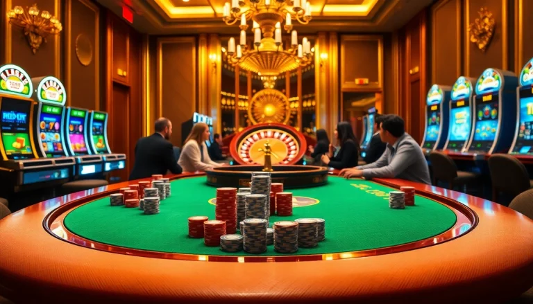 Engaging players at the luxurious casino scene showcasing excitement at https://rr88.lat/ with poker chips and roulette.