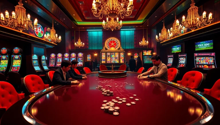 Experience the thrill of online gambling at https://kkwinb.com/ with a high-stakes poker table and vibrant slot machines.