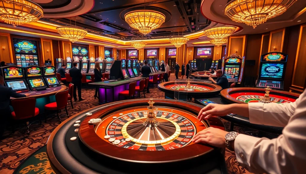 Exciting gameplay at https://rr88csn.com/ featuring vibrant casino tables and slot machines.