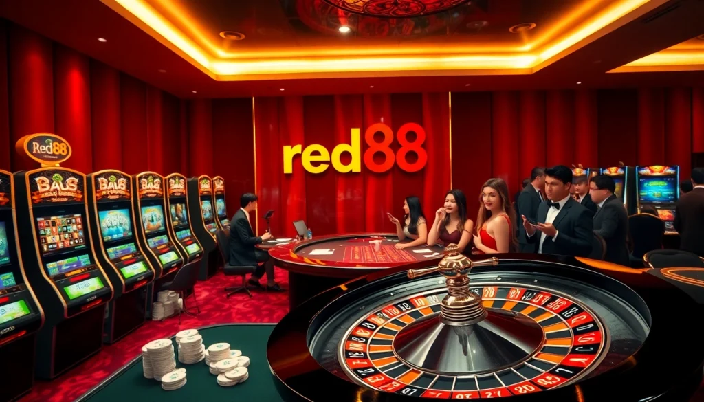 Experience high-stakes action at the red88 club with vibrant casino tables and excited players.