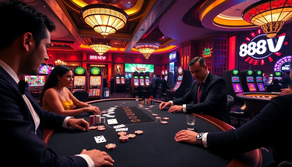 Engaged players enjoying high-stakes poker at 888 NEW casino, surrounded by vibrant lights and slot machines.