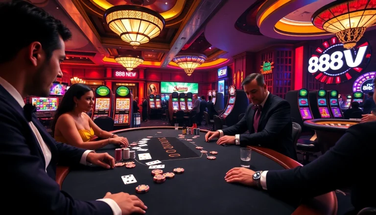 Engaged players enjoying high-stakes poker at 888 NEW casino, surrounded by vibrant lights and slot machines.