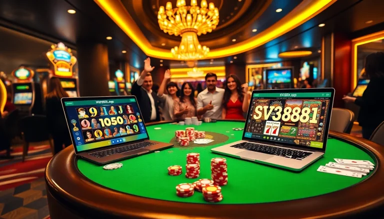Experience thrilling gambling at https://sv388i.app/, showcasing a vibrant casino scene with poker chips and slot machines.