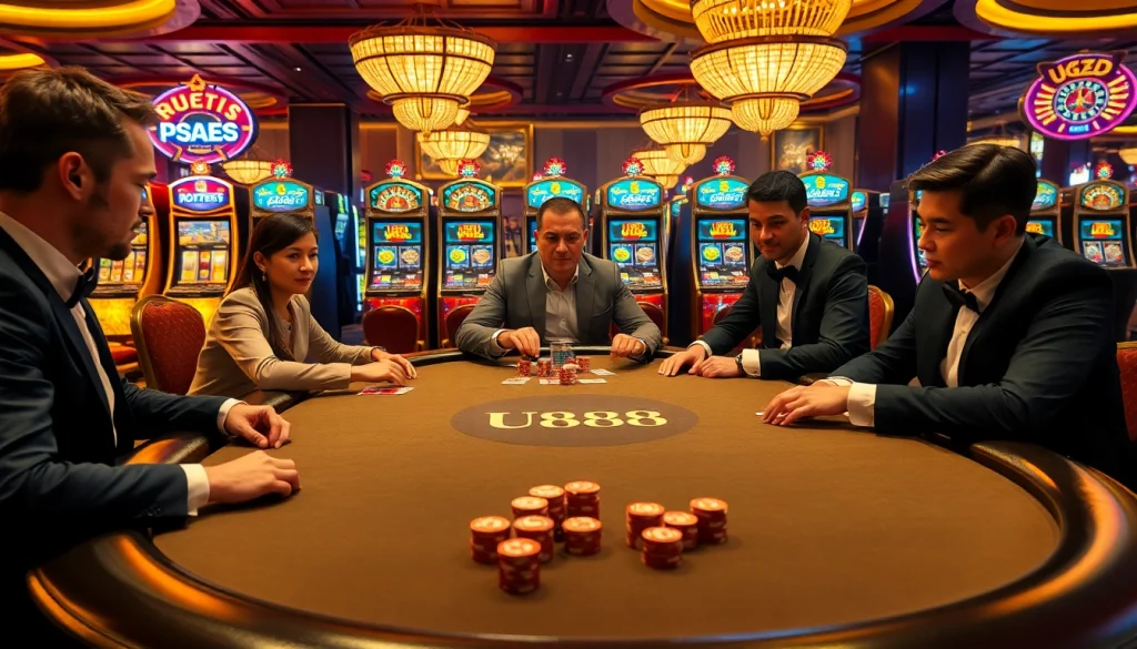 U888 poker players strategizing in a luxurious casino environment.