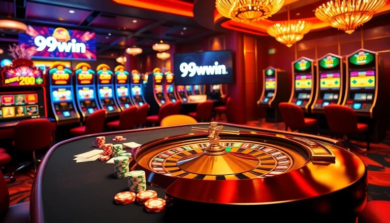 Experience excitement at 99win casino with vibrant poker tables and engaging slot machines.
