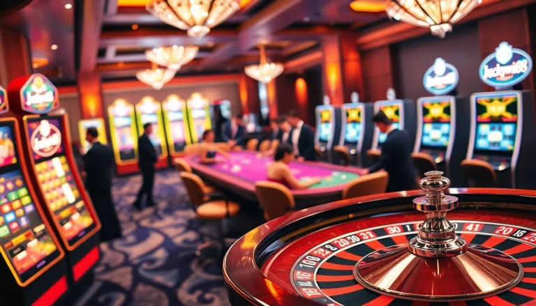 Gamblers enjoying a lively casino scene featuring slot machines, roulette, and luckywin88 branding.