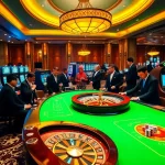 Engaged players betting at a luxurious casino table on NK88.Com with chips and roulette wheel.