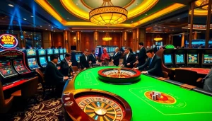 Engaged players betting at a luxurious casino table on NK88.Com with chips and roulette wheel.