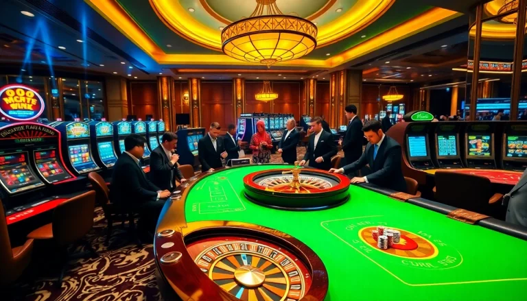 Engaged players betting at a luxurious casino table on NK88.Com with chips and roulette wheel.