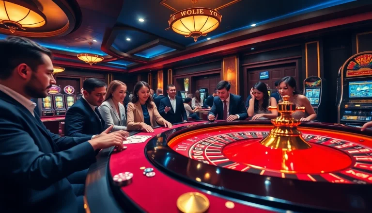 Excited players enjoying roulette at https://kuwin.ng/ casino with vibrant decor and dynamic atmosphere.