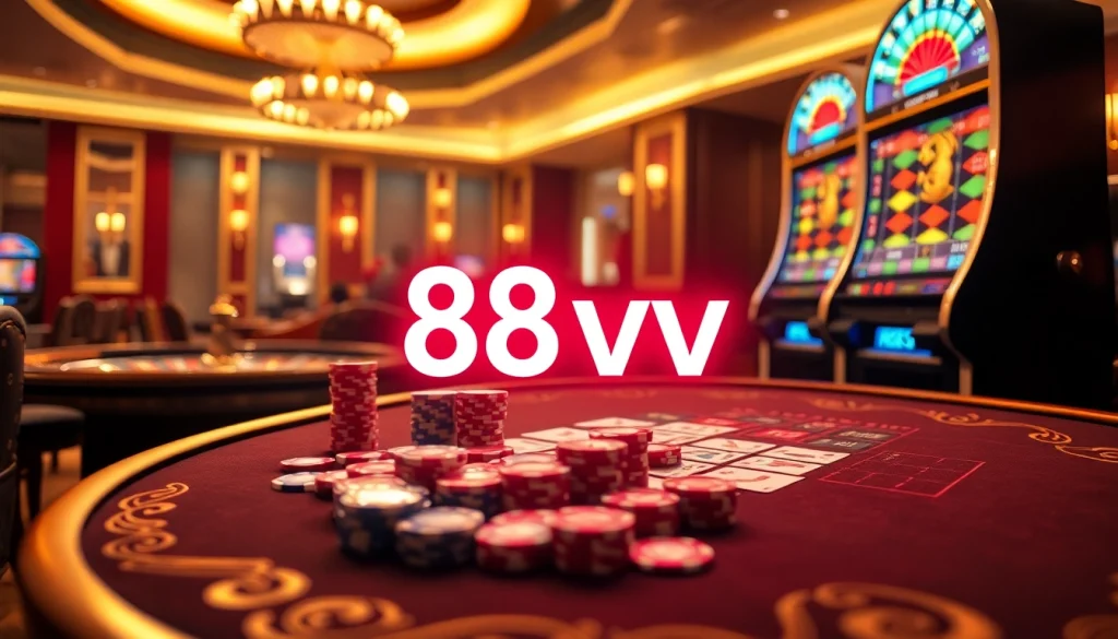 Engage with the thrilling ambiance of 88vv at a luxury casino featuring vibrant games and poker tables.