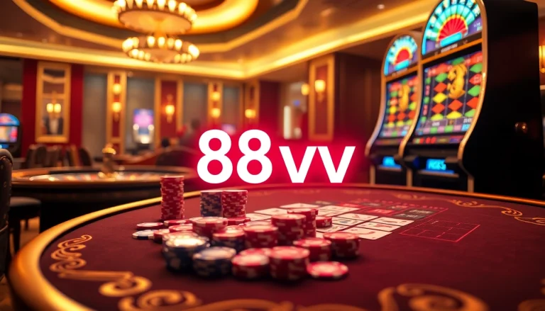 Engage with the thrilling ambiance of 88vv at a luxury casino featuring vibrant games and poker tables.